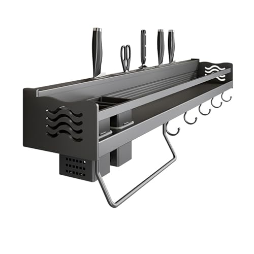 BradOc Wand Montiert Gewürzregal, Metall Küchenregal Ohne Bohren mit 6 Haken 2 Hängebechern, Hängend Multifunktionales Regal Gewürzhalter für Küche Bad,Schwarz