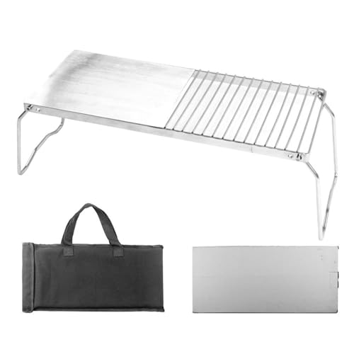 BradOc 2-in-1-Lagerfeuergrill aus Edelstahl Grillgrill und Grillpfanne, strapazierfähiger 304 Faltbarer Campinggrill-Grillrost für das Kochen im Freien,Silber