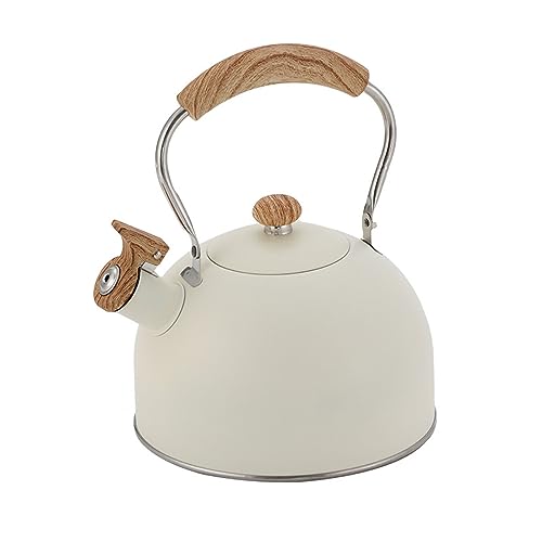 BradOc Teekessel, Wasserkessel, Induktion Pfeifkessel Aus, Für Alle Kochplatten, Flötenkessel Mit Holzgriff, Wasserkocher Für Tee Kaffee,Weiß