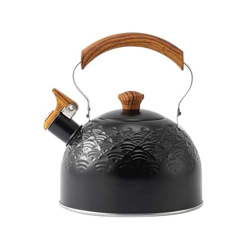 HOUSN Moderne Wasserkessel Induktion, Flötenkessel mit klappbarem Holzmaserungsgriff, Pfeifkessel aus Edelstahl, Emaille Beschichteter Wasserkocher für Wasser Erhitzen Tee und Kaffee Kochen,Schwarz