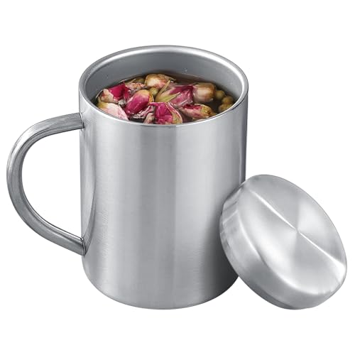 Edelstahlbecher und -becher, Metallbecher, 500 ml, 400 ml, 300 ml, 200 ml, isolierte Kaffee- und Teetasse mit Deckel und Griff für Camping und den täglichen Gebrauch, doppelwandig, vakuumdicht, 300 ml