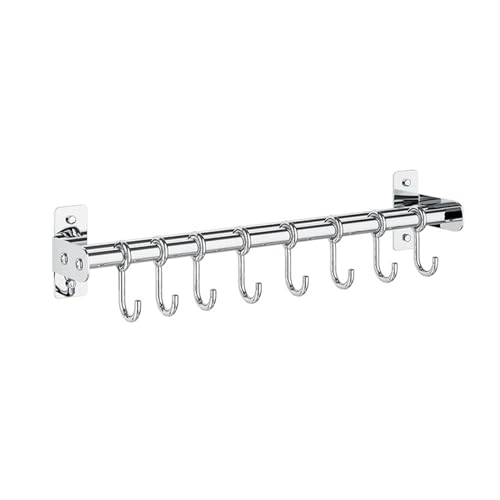HOUSN Küchenschiene mit 6 Haken,, Wandmontage, Pfannen /Topf Halter, Hängeschiene, Küchenutensilien, Gadget Aufhänger, Organizer, Deckelhalter 40 cm,Silber