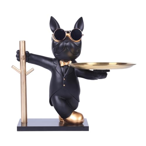 CXINLky Französische Bulldogge Figur, Bulldogge Dekoration Wohnzimmer, Bulldogge Skulptur Tablett Deko mit Edelstahl Tablett, Multifunktion Schlüsselablage Flur Schreibtisch deko-A