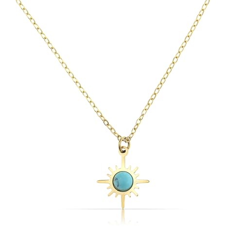 Made by Nami Halskette Damen Gold mit Kompass Anhänger und türkisem Stein aus Chirurgischem Edelstahl 40 + 5 cm Geschenke für Frauen Hypoallergen Wasserfester Schmuck Damen