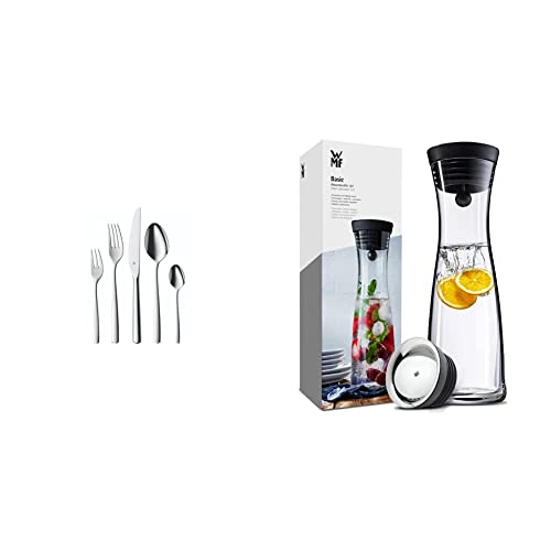 WMF Boston Besteck Set 12 Personen, Essbesteck 60 teilig, Monobloc-Messer & Basic Wasserkaraffe aus Glas, 1 Liter, Glaskaraffe mit Deckel, Silikondeckel, CloseUp-Verschluss