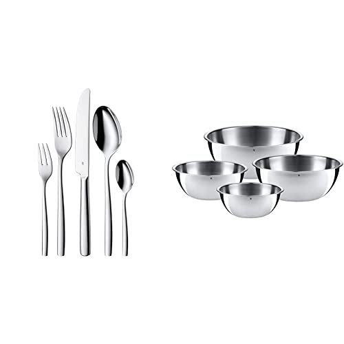 WMF Palma Edelstahl Besteck Set 6 Personen, Essbesteck Set 30 teilig Monobloc-Messer & Gourmet Schüsselset 4-teilig Edelstahl Schüsseln für die Küche 0,75l - 2,75l, Cromargan, stapelbar