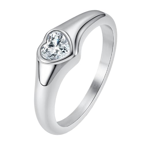 JewelryWe Herz Ring Damen Verlobungsring: Edelstahl Damen-Ring mit Herzförmig Zirkonia Frauen Eheringe Trauringe Herz Minimalistisch Ring für Versprechen Engagement Hochzeit Silber Größe 52