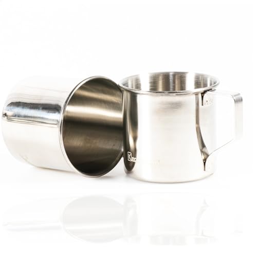 Kerafactum Kaffee Becher Set Edelstahl 2 Tassen Henkelbecher für unterwegs Travel Camping Geschirr feuerfest mug Kaffeebecher Edelstahlbecher Tasse bruchfest mit Henkel 300 ml Reise Campinggeschirr