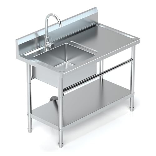 TT-YEC Kommerzieller 304 Edelstahlspüle, Einzelschalenfach Arbeitsplatte Waschbecken, Spülbecken Mit Lagerregal, Wasserhahn, Abfluss, Waschbecken Mit Klammer Für Gartengarage