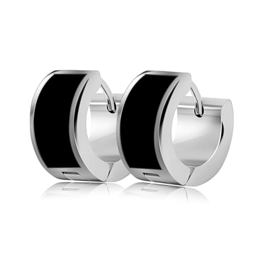 Soul-Cats 1 Paar Edelstahl Klapp Creolen silber schwarz Ohrringe für Damen Herren, Größe:Ø 14 mm