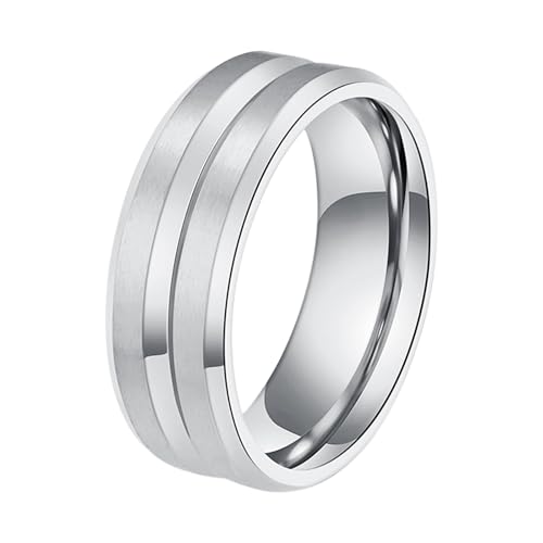 JewelryWe Edelstahl Verlobungsring: 8mm Breite Rille in der Mitte Gebürstet Eheringe Versprechen Hochzeit Band mit Gravur Silber Größe 54