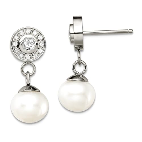  Stahl Poliert CZ und FWC Perle baumeln Ohrringe – JewelryWeb