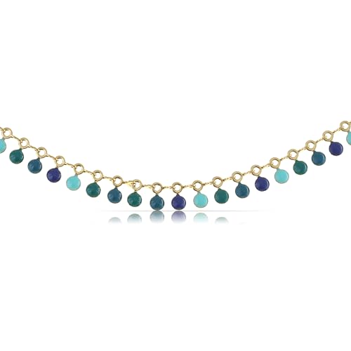 Made by Nami Halskette Damen Gold mit hängenden Perlen Plättchen Perlenkette in Schwarz Blau oder Rot aus Chirurgischem Edelstahl 40 + 5 cm Wasserfester Schmuck Boho Schmuck Damen (Blau)