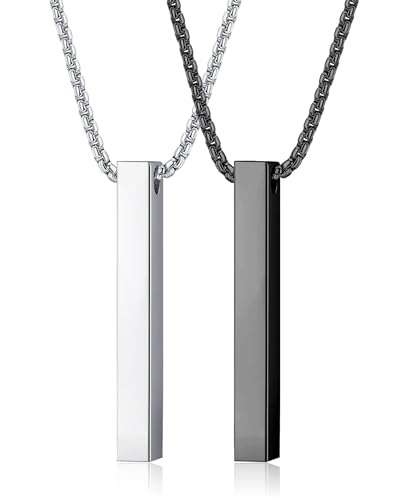 JeweBella 2 Stück Edelstahl Halskette Herren Schwarz Silber Box Kette mit Anhänger Quader Halskette Bar Anhänger Halskette 55CM Kette für Herren Männer Damen Pärchen Kette Schmuck Geschenk
