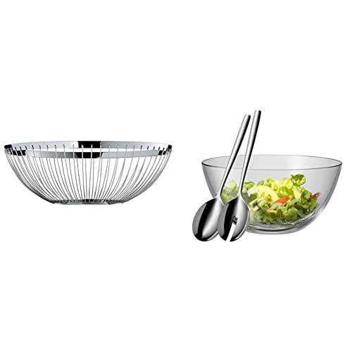 WMF Concept Obstkorb groß 26 cm, dekorative Obstschale, Brotkorb, Cromargan Edelstahl poliert & Taverno Salatschüssel Set 3-teilig, Salatbesteck 25 cm mit Salatschale, runde Schale 23,5 cm, Glas
