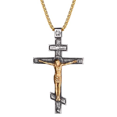 JewelryWe Orthodoxe Kreuz Halskette Herren: Silber Edelstahl Russisch Orthodoxer Kruzifix Kette mit Gold Jesus Christus Anhänger Religiöse Christliche Amulett Schmuck Geschenk für Männer Frauen