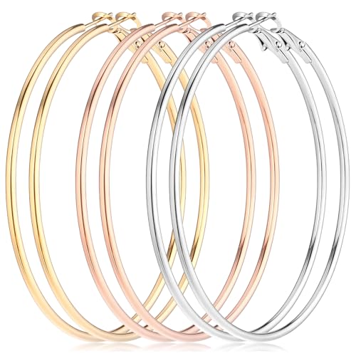 MBAIYO 4 Paare Große Creolen Ohrringe Set, Edelstahl Leichte Dünne Damenohrringe Hypoallergen Kreis Silber Creolen Länge 60mm Statement Gold Hoop Kreis für Mädchen Damen