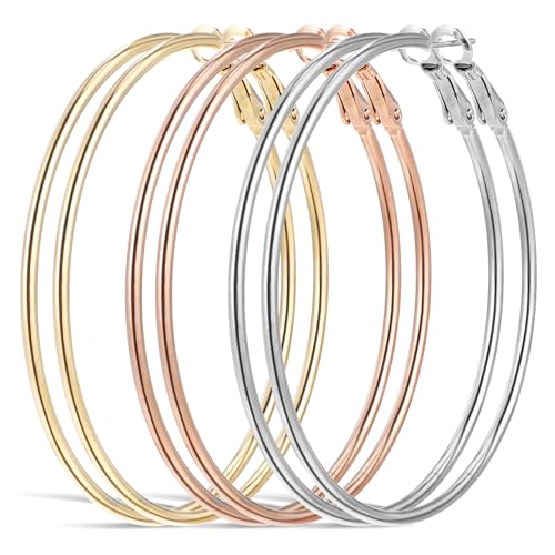 Tyqour 3 Paare Große Creolen Ohrringe Set, Edelstahl Ohrringe Länge 60mm, Silber Creolen Hoop Kreis Gold, Hypoallergen Kreis Endlose Creole für Mädchen Und Damen