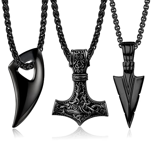 JeweBella 3PCS Wikinger Halskette Herren Thors Hammer Anhänger Edelstahl Mjolnir Wolfszahn Amulett 60cm Kette Silber/Schwarz Nordisch Thors Halskette Wikinger Herren Geschenk Schmuck