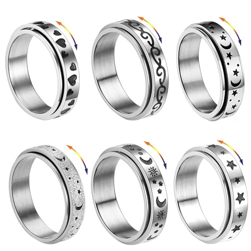 GoPaw 6 Stück Edelstahl Vintage Ringe Silber Ring Herren Damen Set Edelstahl Spinner Ringe für Damen Herren Blume Moon Star Spinner Angst Ringe Drehbarer Edelstahl Ring Partnerringe Trauringe (62)