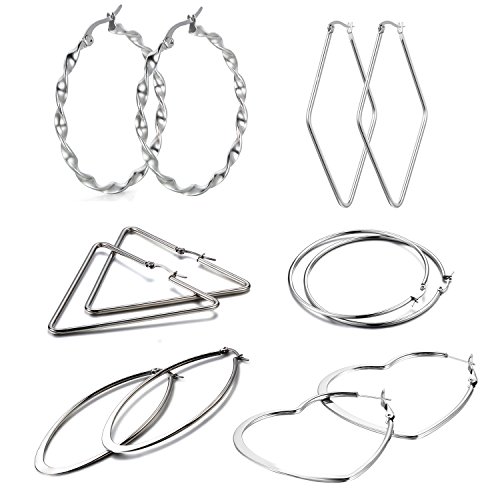 Cupimatch 6 Paare Damen Groß Creolen Ohrringe, Edelstahl silber runde Dreieck Herz Gestüt Ohrschmuck Ohrhänger für Frauen Freundin Mädchen