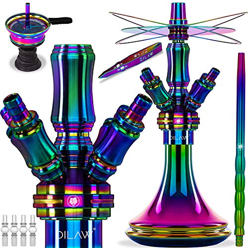 DILAW® Smart Shisha Edelstahl V2A Komplettset 38cm Hookah | Mini | to go + Glas Kohleteller | 4 Anschlüsse Adapter | Wasserpfeife | Base Closed Chamber | Kaminkopf Silikonschlauch Tabakkopf Rainbow