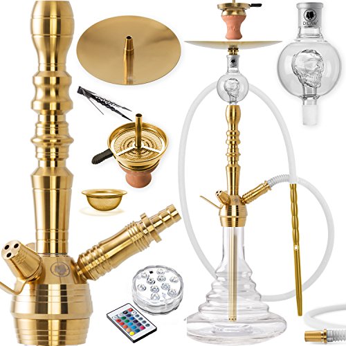 DILAW® Onyx Shisha Edelstahl Gold V2A 75cm Hookah Medium + LED Licht | Wasserpfeife Kaminkopf Komplettset Molassefänger mit 3 Anschlüssen Kopfadapter Silikonschlauch Alumundstück Tabakkopf