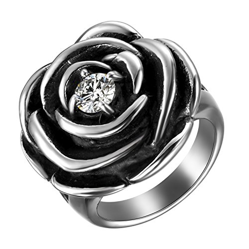 JewelryWe Schmuck Damen-Ring, Edelstahl Ring Rose Flower Blume Zirkonia CZ Gothic Silber Cast Band für Frauen - Größe 62