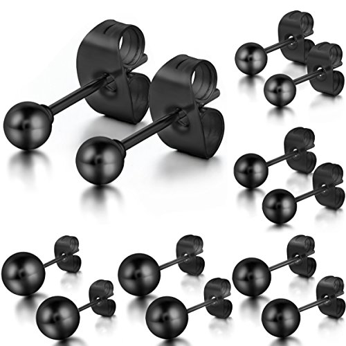 JewelryWe 5 Paar Kugel Ohrstecker Set: 3-8mm Schwarz Edelstahl Kugelohrringe Perlen Gestüt Ohrringe Klassische Kleine Kugelohrstecker Hypoallergene Unisex Ohrschmuck Geschenk für Damen Herren
