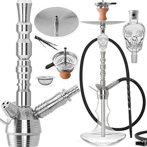 DILAW® Rubin Shisha Edelstahl Silber V2A 75cm Hookah Medium | Wasserpfeife Kaminkopf Komplettset Molassefänger mit 3 Anschlüssen Kopfadapter Silikonschlauch Alumundstück Tabakkopf Kaminaufsatz
