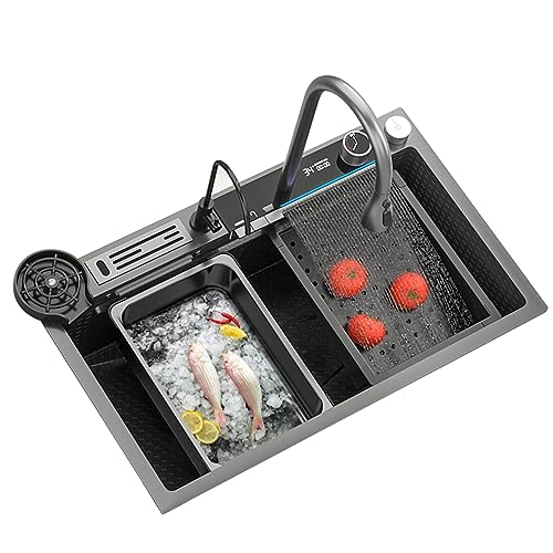 Digitales Display, Küchenwasserfall, Küchenspüle, Wasservorhang + Wasserfall-Auslass, Wabenspüle, Edelstahlspüle mit Messerhalter