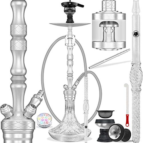 DILAW® SKITTO X Shisha Set Hookah Aluminium Alu 85cm Wasserpfeife Kaminkopf Komplettset Molassefänger Silikonschlauch Alu Glas-Mundstück Kaminaufsatz 18/8 schliff Edelstahl Tauchrohr, Silber