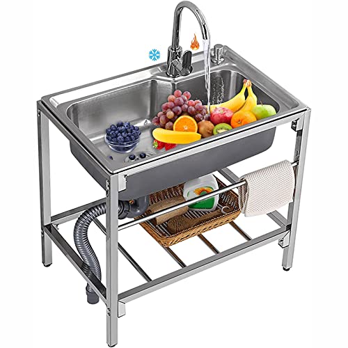 Kommerzielle Edelstahlspüle mit heißem Kaltwasserhahn und Abtropfgestell Küche Badezimmer Garten Waschbecken Restaurant Bar Arbeitsplatz Single Bowl Freistehend für Outdoor Indoor,61X46X75CM