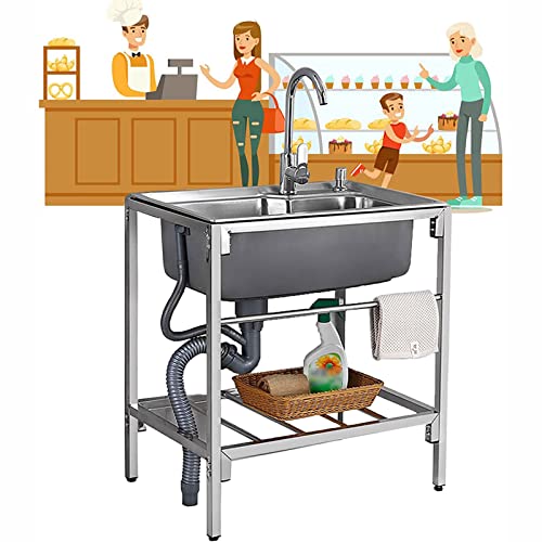 Gewerbliche Küchenspüle, freistehende Edelstahlspülen mit 360 ° heißem und kaltem Wasserhahn und 1-lagigem Aufbewahrungsgestellwaschbecken für die Wäscherei im Innenbereich im Freien,61X46X75CM