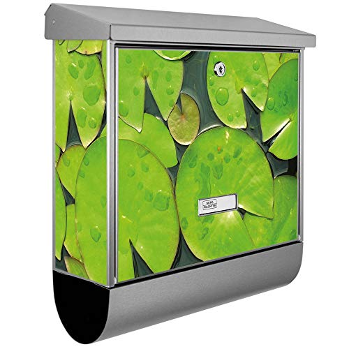 banjado® Burgwächter Briefkasten Edelstahl 38x39x12cm mit Motiv Seerosenblätter/Briefkasten Edelstahl ohne Zeitungsfach/Briefkasten grau/Postkasten inkl. Montagematerial & 2 Schlüsseln