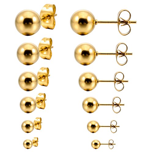 MunkiMix 3~8mm 12 PCS Edelstahl Gestüt Stecker Ohrringe Ohrstecker Ohrhänger Golden Ton Kugel Kugel Perle Perlen Set (6 Paar) Herren,Damen