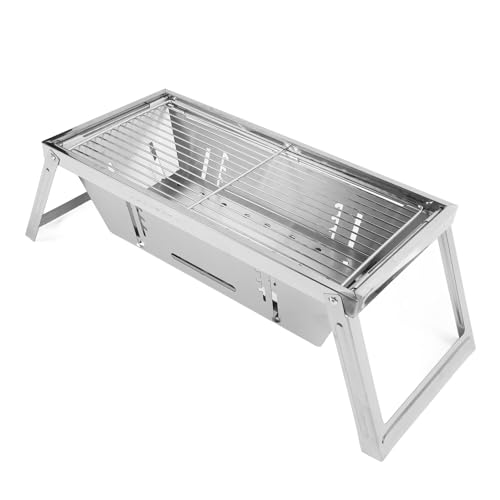 Tragbarer Zusammenklappbarer Holzkohlegrill, Zusammenklappbarer Holzkohlegrill aus Edelstahl, Camping-Lagerfeuergrill, Grill mit 2 Spießen, Handschuhen und Aufbewahrungstasche