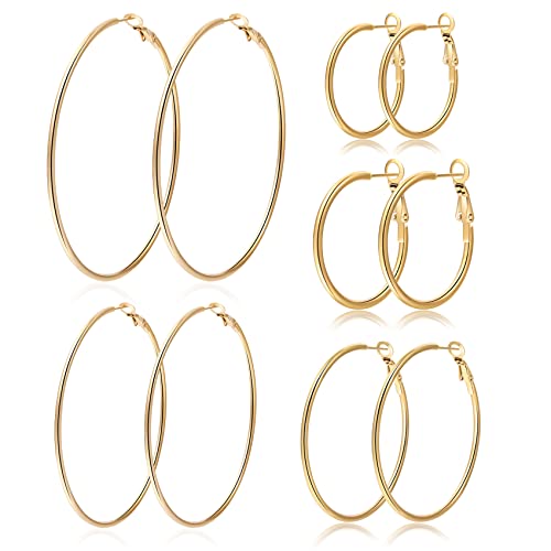 PABBEU 5 Paar goldene Creolen, große Creolen aus 316L Edelstahl, leichte, 14 Karat vergoldete Ohrringe, hypoallergene, dünne goldene für Frauen, 30/40/50/60/70 mm