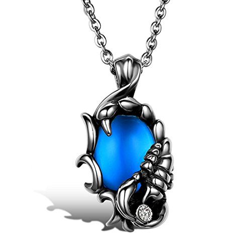 JewelryWe Skorpion Kette Herren Edelstahl: Biker Rock Halskette Vintage Silber Skorpion Anhänger mit Blau Glas Stein Geschenk für Männer