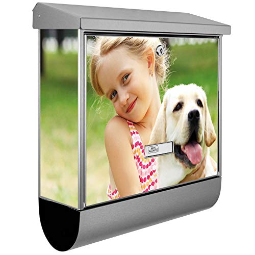 banjado® Burgwächter Briefkasten Edelstahl 38x39x12cm mit Motiv Wunschmotiv/Briefkasten Edelstahl ohne Zeitungsfach/Briefkasten grau/Postkasten inkl. Montagematerial & 2 Schlüsseln