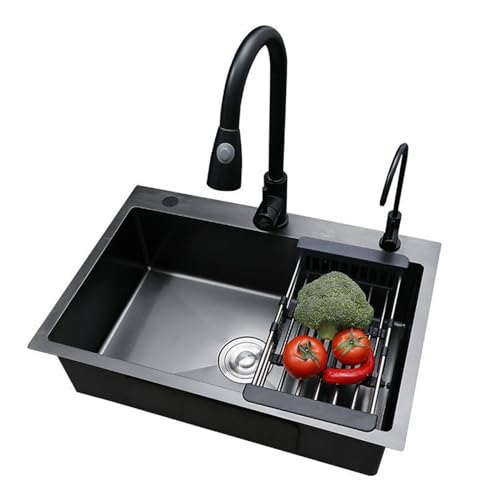 HOUSN Spülbecken Edelstahl Küchenspüle 360° Drehbar Armatur Seifenspender Einbauspüle mit faltbarem Siebkorb und Seifenspender Spüle mit Überlaufgarnitur 45 x 40 x 20 cm,Schwarz