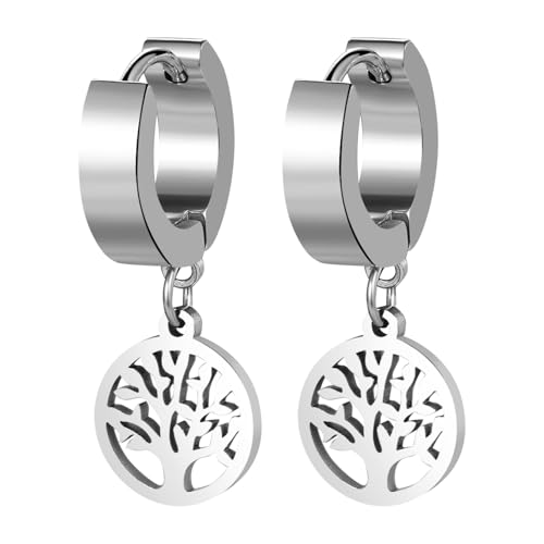 Aroncent Ohrringe Creolen Lebensbaum Anhänger: Herren Damen Edelstahl Retro Punk Huggie Hängend Ohrstecker Große Ohrlöcher Ohrschmuck Silber