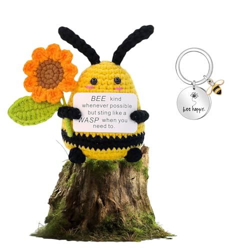PARFCO Biene Gehäkelt, Inspirierend Lustige Positive Biene, mit Inspirierender Karte und Blumen, Niedliche Mini Häkelbiene, mit Schlüsselanhänger Edelstahl, für Dekoration, Geschenk