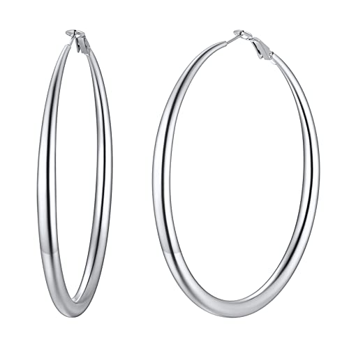 U7 60mm große Kreis Ohrringe für Damen Mädchen Edelstahl 5mm dicke Creolen Hoop Ohrringe Hoop Einfach Casual Earrings trendige Kreolen Ohr Schmuck Accessoire 03-Silber-60mm