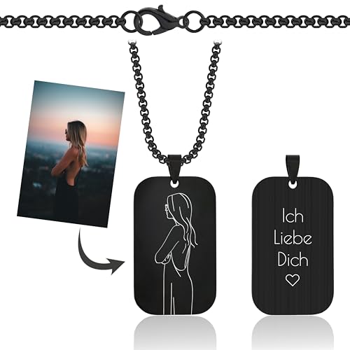 Dog Tag personalisierte Foto, Fotoanhänger Kette mit Gravur – Herren und Damen – Halsanhänger schwarze Halsketten mit Lasergravur, Edelstahl, 25x42 mm, 60 cm Geschenkidee Papa, Partner oder Freunde