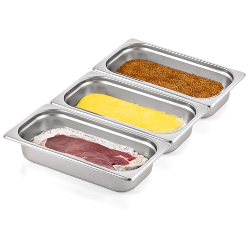Morleos 3x Panierschalen Panier-Set | GN 1/3 Edelstahl Metall Schalen je 32,5 x 17,6 x 6,5 cm | Volumen: 7,5 Liter | Panieren & Marinieren Fleisch, Schnitzel | 0,7 mm dick (ohne Zange)