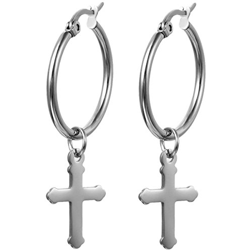 JewelryWe Kreuz Ohrringe Damen Herren: Edelstahl Poliert große Runde Creolen Huggie Ohr Manschette Ohrhänger Ohrstecker mit Kreuz Anhänger Hängende Ohrringe für Männer Frauen Silber