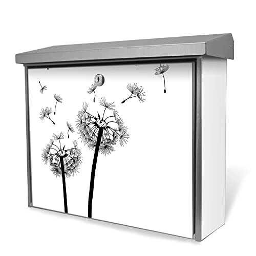 banjado® Burgwächter Briefkasten Edelstahl 38,5x31,5x12cm mit Motiv Pusteblume 2 / Briefkasten Edelstahl ohne Zeitungsfach/Briefkasten grau/Postkasten inkl. Montagematerial & 2 Schlüsseln