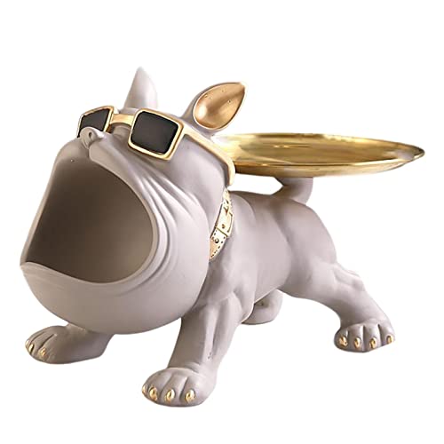 Bulldogge Skulptur Französisch Statue Mit Edelstahl Tablett, Französische Bulldogge Figur, Französische Bulldogge Schlüssel Schale Schmuck Aufbewahrungsbox Modern Skulptur Deko Für Flur Wohnzimmer