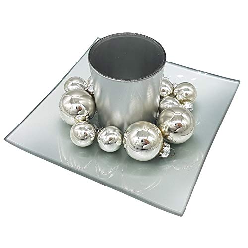 Land Haus Shop Weihnachtsdekoration Glas Teelicht, Teller, Christbaum Kugeln,Weihnachten,Silber (LHS)